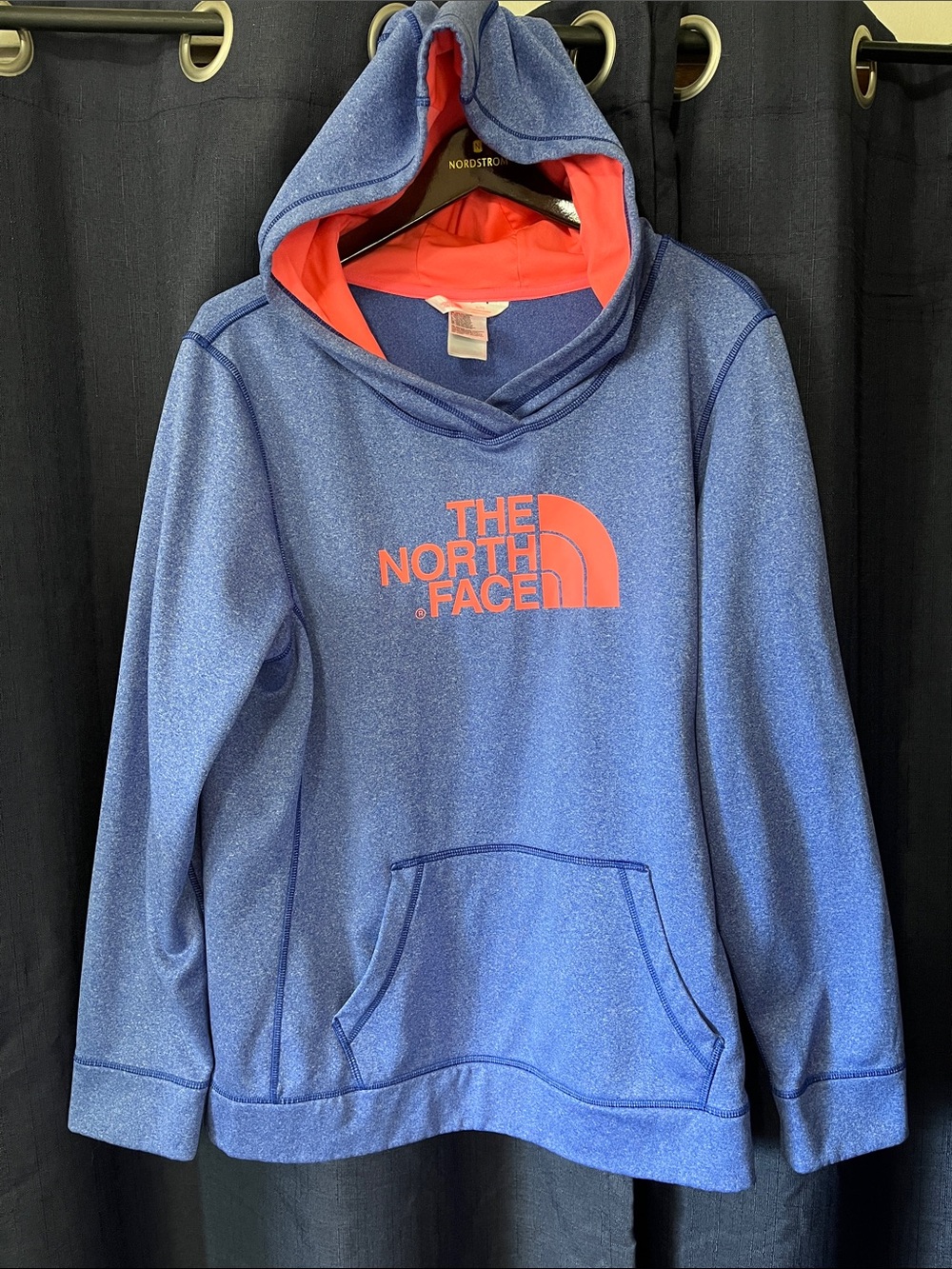 The North Face Blue Hoodie with Coral Logo